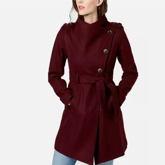 NWT GUESS Asymmetrical Belted Wrap Coat Maroon / Wine Wool Blend - Picture 3 of 14